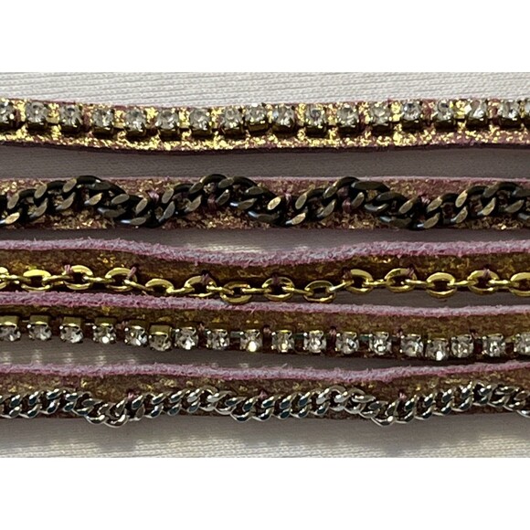 Hato Hasi Pink & Gold Leather Wrap Bracelet with Silver & Gold Tone Chains - Picture 6 of 9
